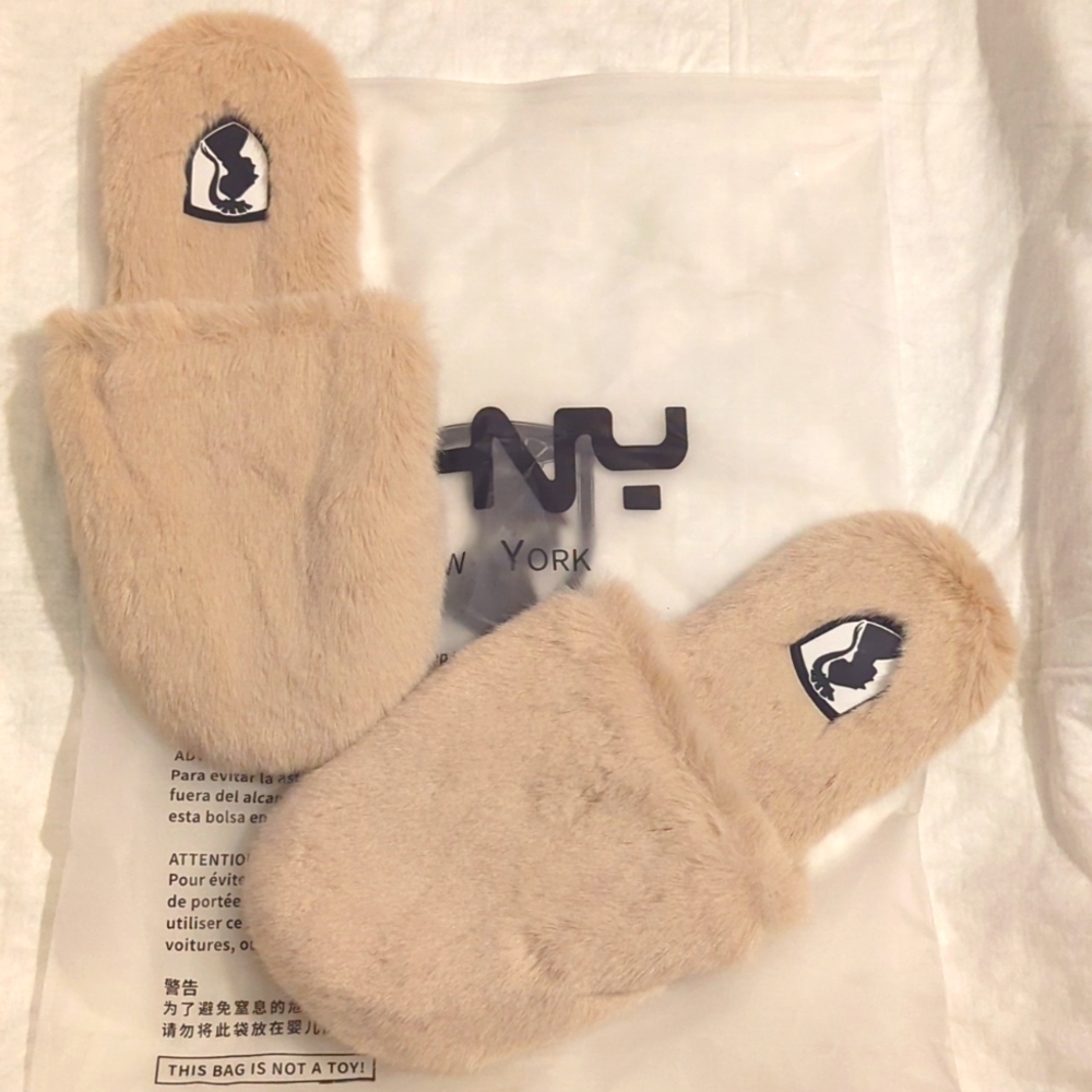 DKNY Women's Tan Furry Slippers